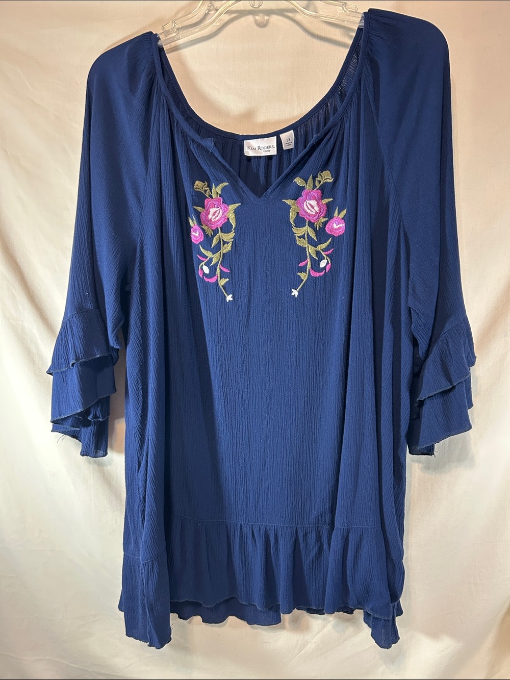 Kim Rogers Curvy Woman’s Navy Peasant Tunic with Pink Floral Embroidery